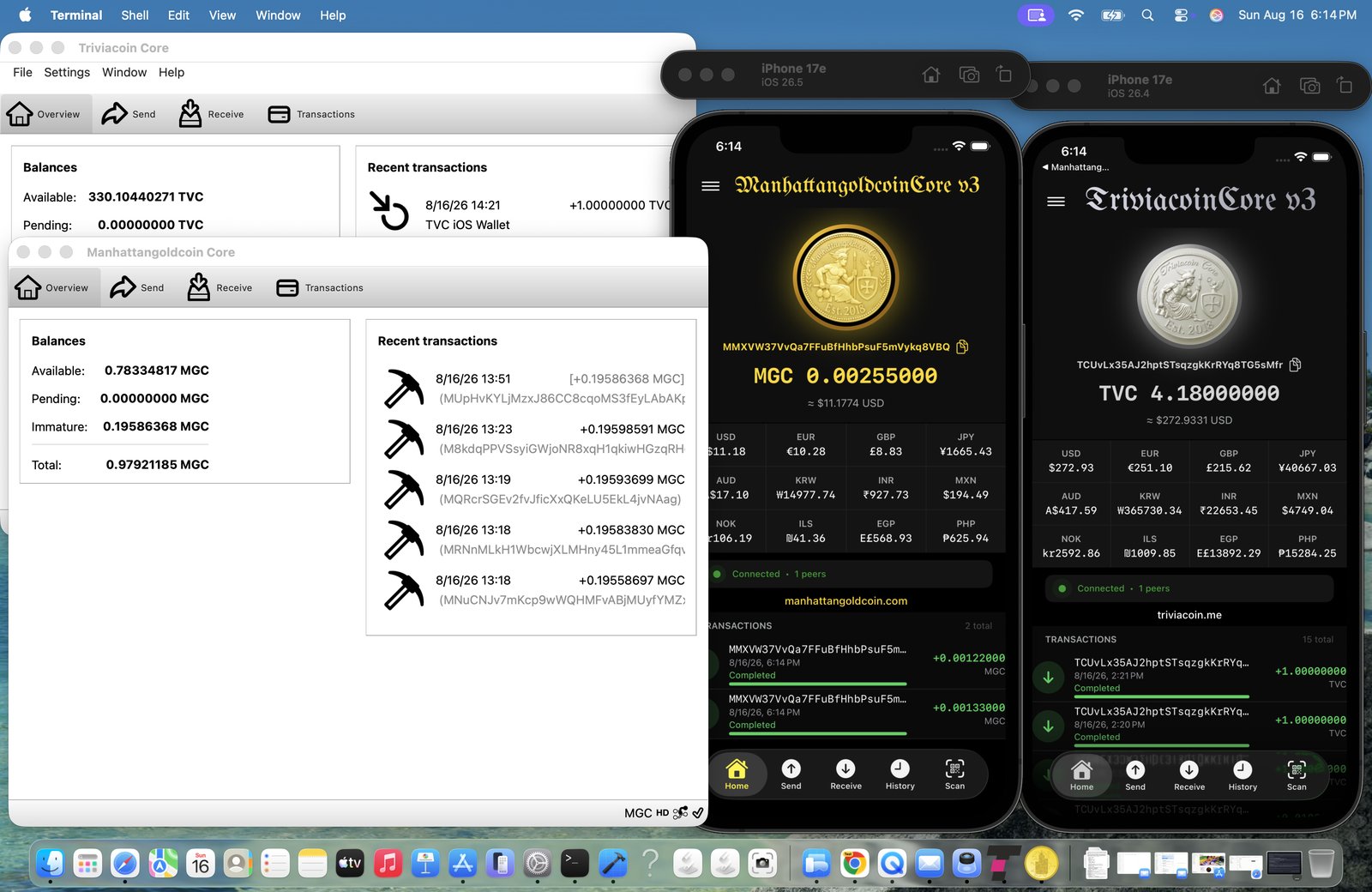 Trivia Coin and Manhattan Gold Coin wallets running together on desktop and iOS